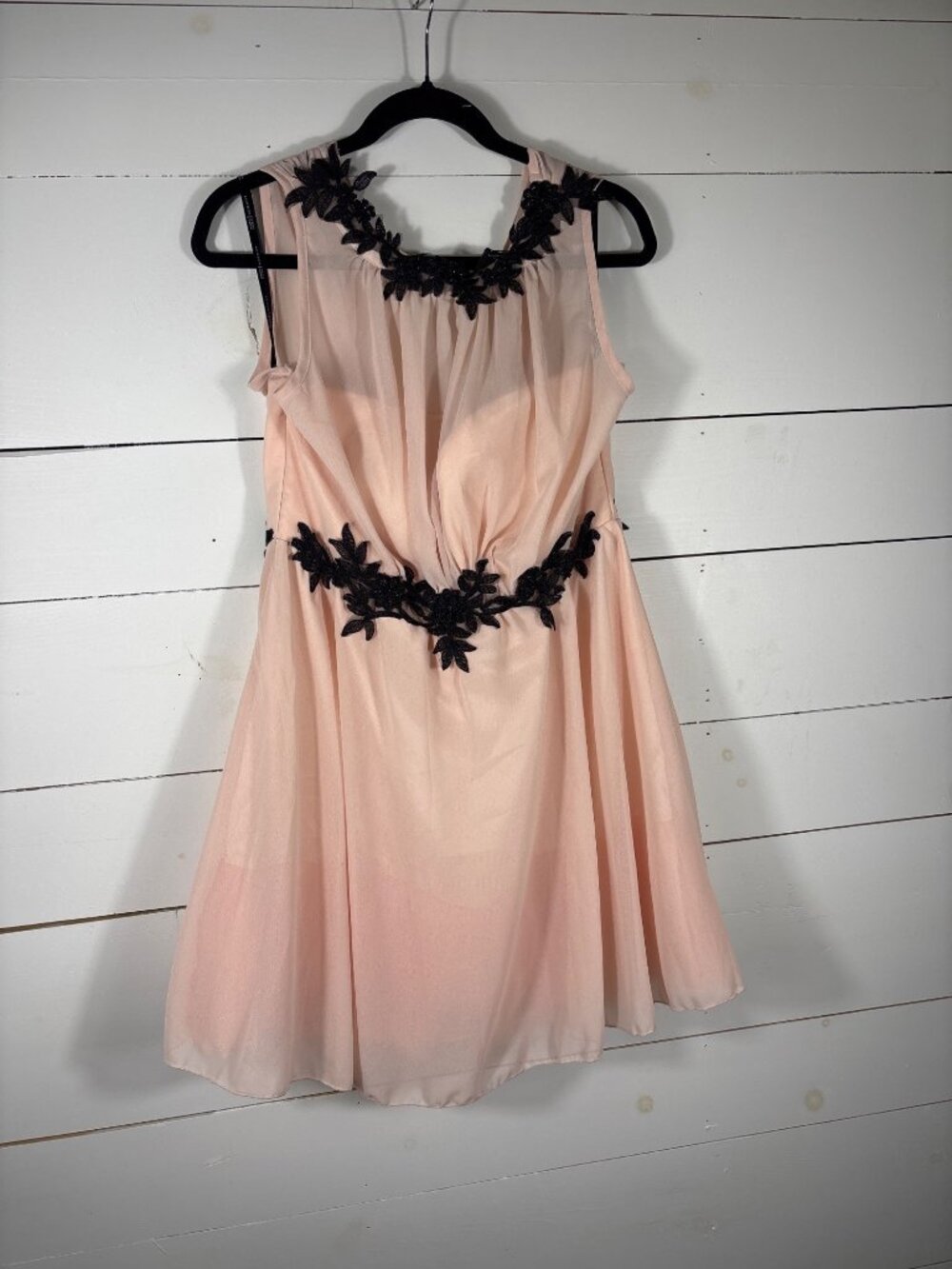 Pink Sleeveless Chiffon Dress With Black Floral Lace Accents & Tulle Lining - El